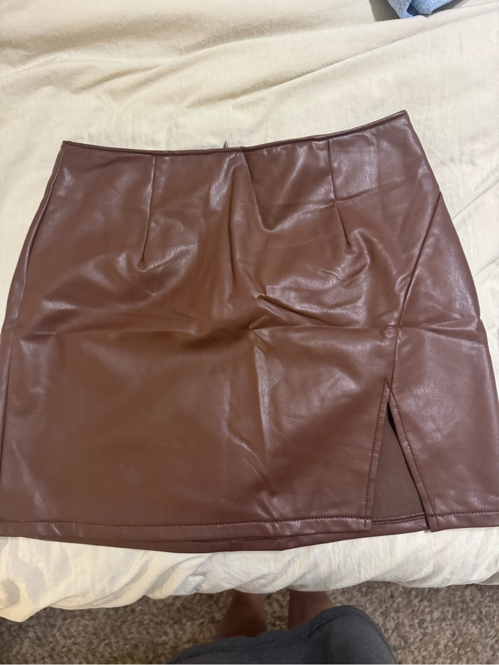 Faux Leather Brown Mini Skirt with Side Slit